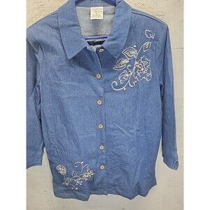 Alison Daley Womens Denim Shirt Size‎ 12 Floral Embroidered Button Up 3/4 Sleeve